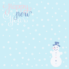 Inscription Happy New Year, snowman and snowflake-buttons in light bleu backdrop