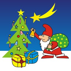 Merry Christmas, Santa Claus and christmas tree with gifts, vector illustration