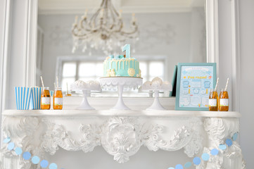 Children birthday. A lot of balloons blue and white colors. Decorations for holiday party. 