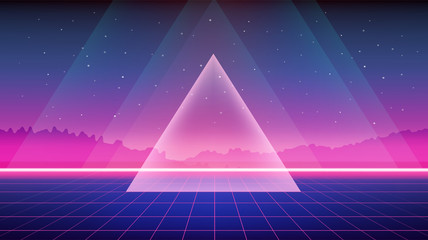 Retro Sci-Fi Background with mountains and triangle. Futuristic Vector illustration in 80s posters style.