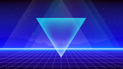 Retro Sci-Fi Background with mountains and triangle. Futuristic Vector illustration in 80s posters style.