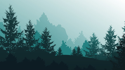 Foggy trees landscape background. Vector illustration.