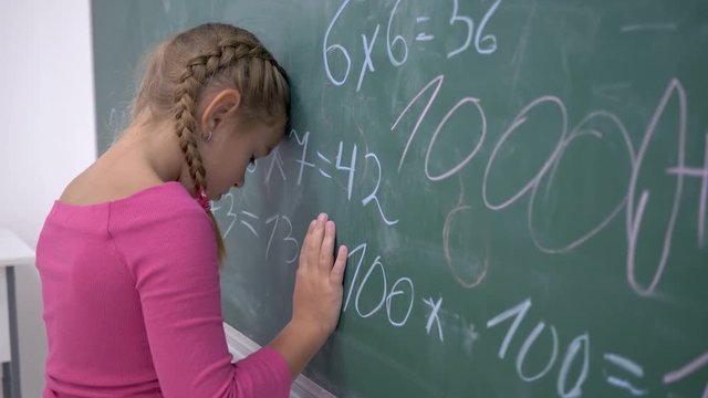 school education, upset female pupil standing near blackboard with mathematics examples in class