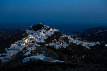 dusk shot of Chora town on Serifos Island , Greece