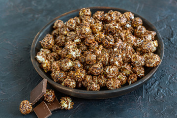Dish with chocolate caramel popcorn.