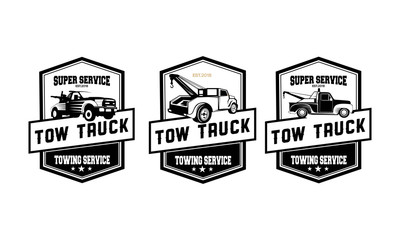 vintage car tow truck emblems, labels and design elements,pickup truck logos, emblems and icons. Car service logotype design. Tow and wrecker truck. Pickup with snow plow.