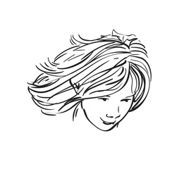 Vector sketch of teenage girl head with long blowing hair, Hand drawn vector linear illustration