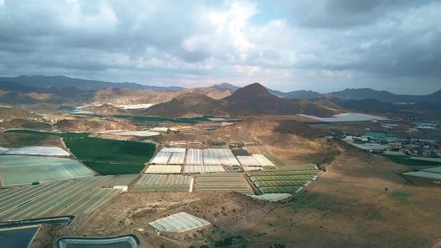 Aerial view of greenhouse farms and fruit orchards in Andalusia, Spain