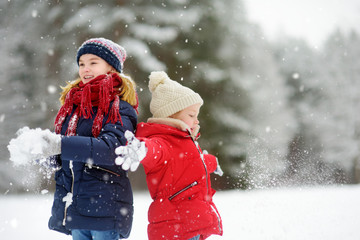 Two adorable little girls having fun together in beautiful winter park. Beautiful sisters playing in a snow. - obrazy, fototapety, plakaty