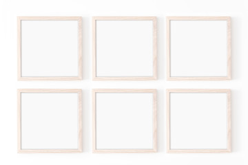 Set of six square frames. Wooden frame mockup on white wall. Poster mockup. Clean, modern, minimal frame. Empty fra.me Indoor interior, show text or product