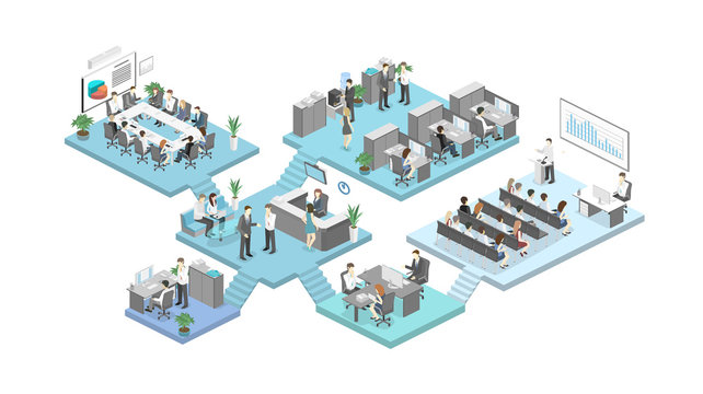 Isometric flat 3d abstract office floor interior departments concept vector.