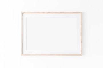Landscape large 50x70, 20x28, a3,a4, Wooden frame mockup with passe-partout on white wall. Poster...