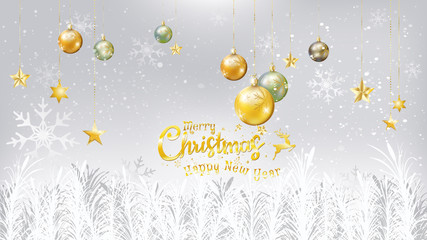 Fototapeta na wymiar Christmas and New Year typography on white background, tree branches, golden balls, stars hanging.