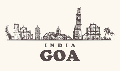 Goa skyline vintage vector illustration. Hand drawn buildings of Goa, on white background. - obrazy, fototapety, plakaty