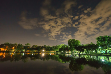 City park in the night with a resting place. The landscape of the city park in the winter.