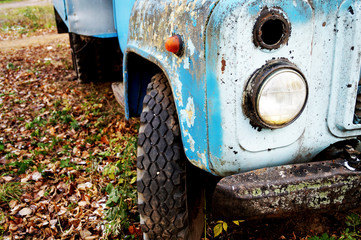  The hood of the old car with cracked paint. Clearance fire of an old car    