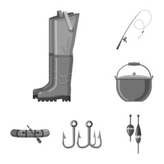 Vector illustration of fish and fishing symbol. Set of fish and equipment stock symbol for web.