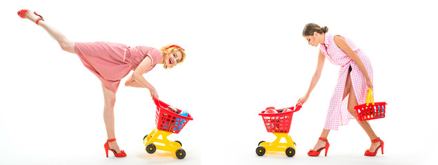 retro women go shopping with full cart. vintage housewife women going to make payment in supermarket. happy shopping girls with full cart. savings on purchases. online shopping app. Daily task