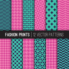 Fashion Prints Vector Patterns in Orchid Pink, Teal and Navy. Houndstooth, Herringbone, Triangle, Cross, Lattice, Polka Dots, Chevron Geometric Duo Tone Textures. Repeating Pattern Tile Swatches Incl