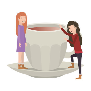 women with cup of coffee and plate avatar character