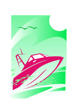 red speed boat in the sea. vector image for illustration