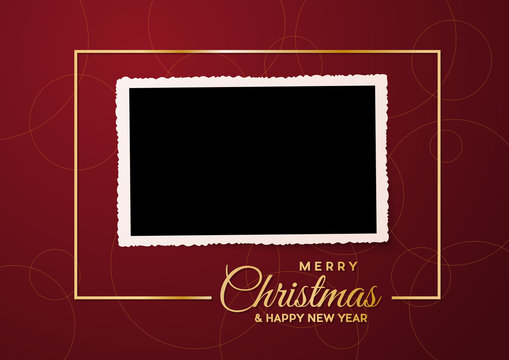 Merry Christmas, empty background and blank photo, made with golden frame and text