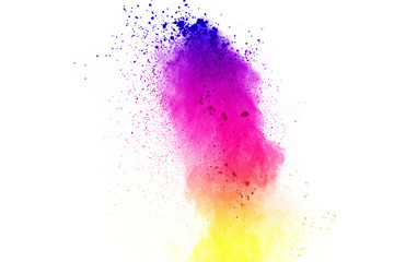 Freeze motion of colored powder explosions isolated on white background.