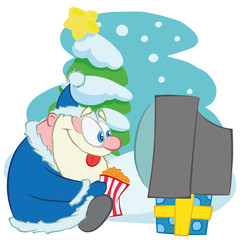 Santa Claus. Vector illustration of santa claus watching tv with pop corn