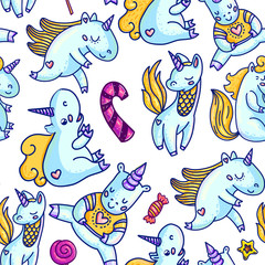 Seamless background of unicorn and candies