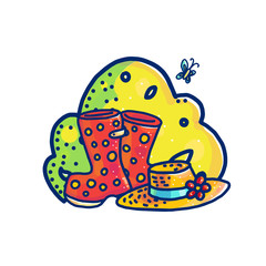 Colorful template of garden gumboots and hat