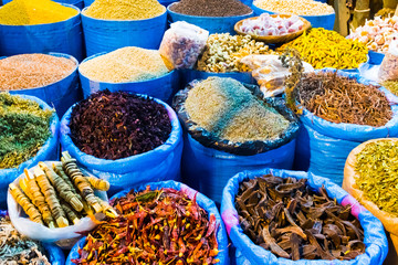 Spices market in main bazzar in the medina of Capital city Rabat in Morocco
