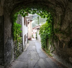 Covered street and arched passage in the Swiss village of Cabbio, Ticino
