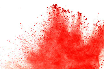 Red powder explosion on white background. Paint Holi.