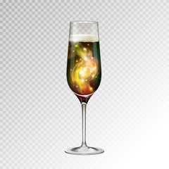Realistic vector illustration of champagne glass  with space background inside