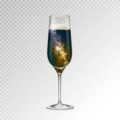 Realistic vector illustration of champagne glass  with space background inside