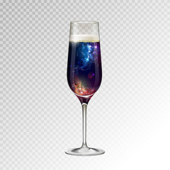 Realistic vector illustration of champagne glass  with space background inside