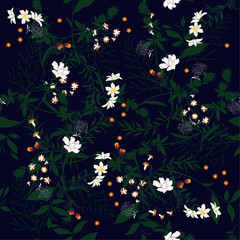  Seamless pattern with leaves and botanical flowers. frorest motifs. Perfect for wallpapers, wrapping papers, textile, pattern fills, gift paper, summer greeting cards.