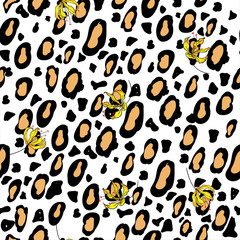 Vector illustration floral mix with animal print summer seamless white color background pattern