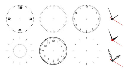 Clock face blank isolated on white background. Vector clock hands. Set for watch design - obrazy, fototapety, plakaty