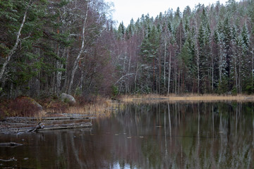 Fototapeta na wymiar Autumn lake scenery with first snow flakes