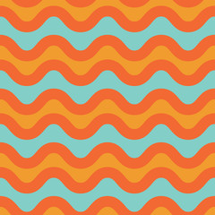 Colorful 1970's pop art seamless stylized wave pattern in yellow, orange and turquoise. Fun throwback beachy vector repeat. Has a California surf feel, and great for party invitations and textiles.