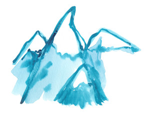 Abstract turquoise blue snowy mountain peaks painted in watercolor on clean white background