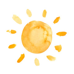 Simple abstract bright yellow shining sun painted in watercolor on clean white background - 230475947