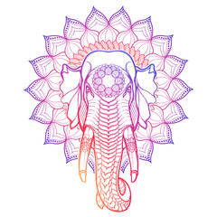 Fototapeta premium Elephant head isolated on a decorative Lotus frame. Popular motiff in Asian arts and crafts. Intricate hand drawing isolated on a white background. Tattoo design. EPS10 vector illustration
