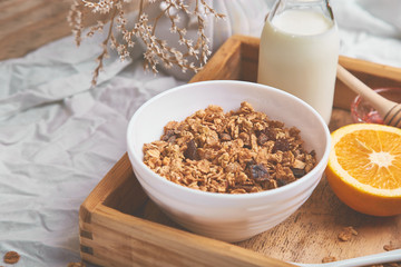 Good morning. Breakfast on white bed sheets.