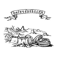 Deforestation caused by international corporations in the third world countries is one of the most acute global environmental problems. Linear drawing isolated on white background. EPS10 vector.