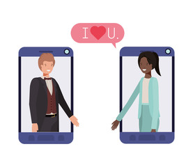 couple of business in smartphone with speech bubble