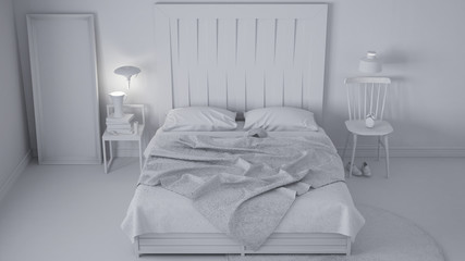 Total white project of contemporary bedroom, bed with wooden headboard, scandinavian white eco chic design, top view