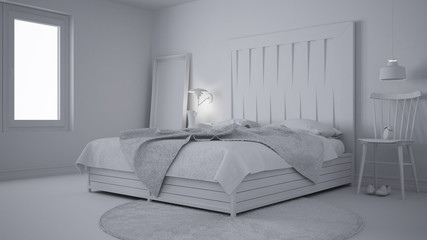 Fototapeta na wymiar Total white project of contemporary bedroom, bed with wooden headboard, scandinavian white eco chic design