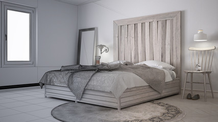 Unfinished project draft, contemporary bedroom, bed with wooden headboard, scandinavian white eco chic interior design